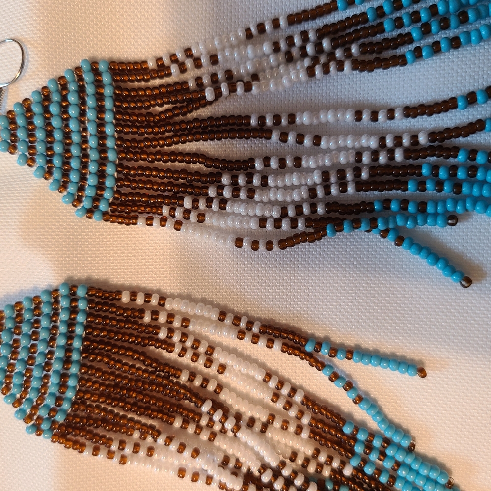 Blue and Brown Beaded Fringe Earrings